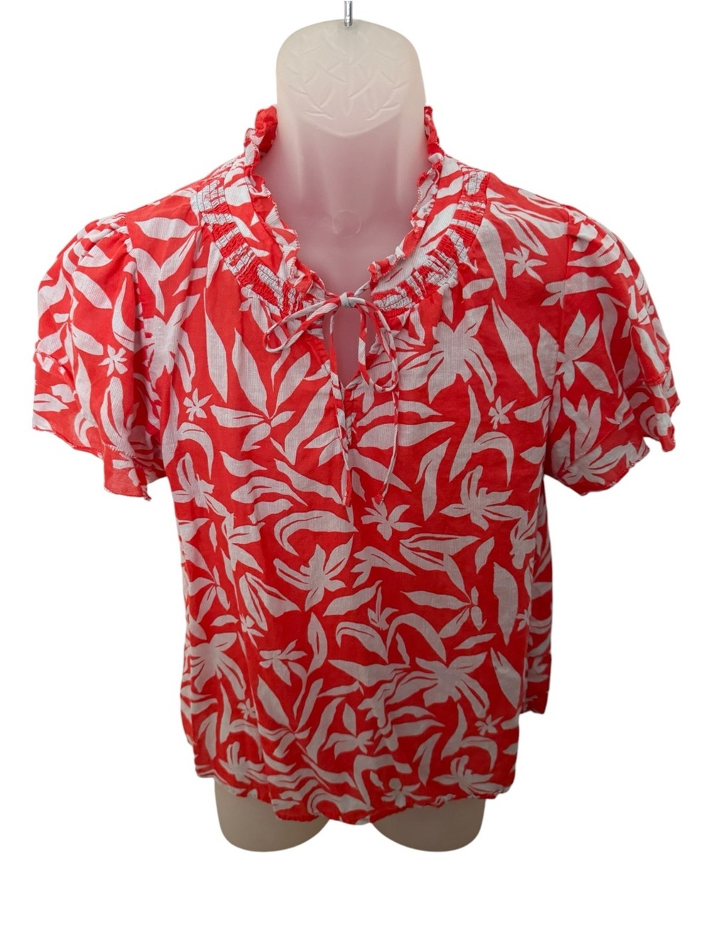Caslon Orange & White Floral Short Sleeve Blouse w/ Tie Neck Women M Medium